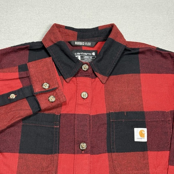 Carhartt Rugged Flex Buffalo Plaid Flannel Shirt Womens M Loose Fit Red Black - Picture 1 of 8